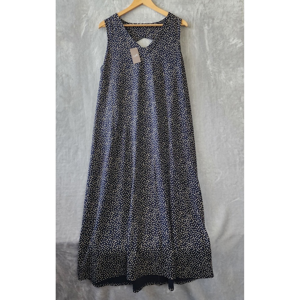 J. Jill Maxi Dress Womens Large Wearever Collection Navy Blue Dot Pockets NWT